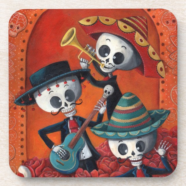 Dia de Los Muertos Skeleton Mariachi Trio Drink Coaster (Front)