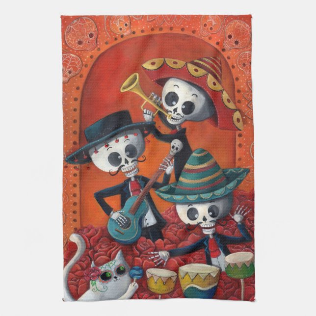 Dia de Los Muertos Skeleton Mariachi Trio Kitchen Towel (Vertical)