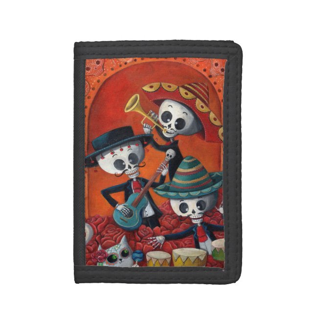 Dia de Los Muertos Skeleton Mariachi Trio Leather Wallet (Front Vertical)