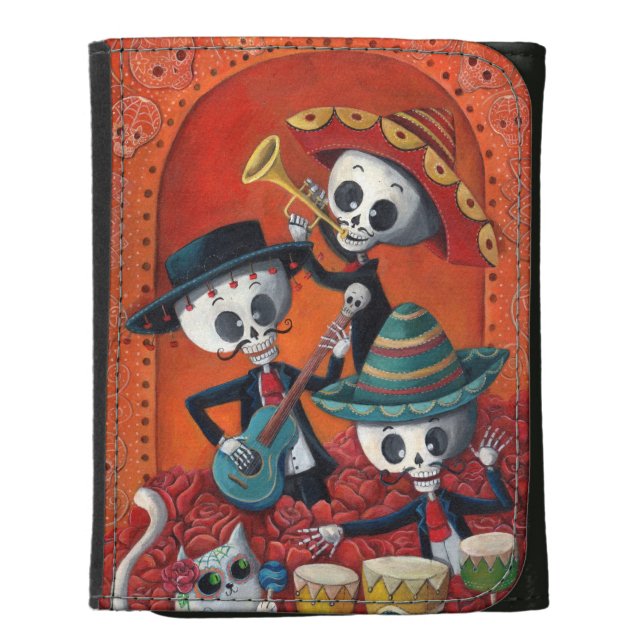 Dia de Los Muertos Skeleton Mariachi Trio Leather Wallet (Front Vertical)