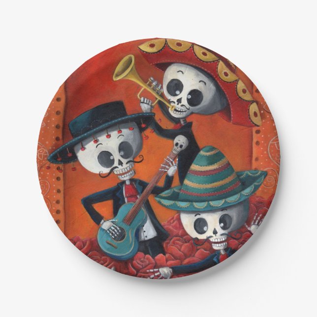 Dia de Los Muertos Skeleton Mariachi Trio Paper Plates (Front)