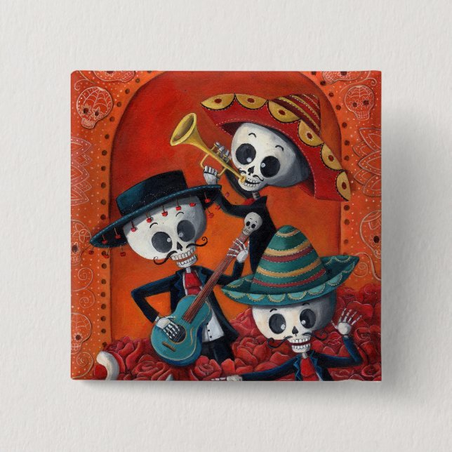 Dia de Los Muertos Skeleton Mariachi Trio Pinback Button (Front)