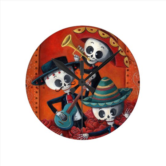 Dia de Los Muertos Skeleton Mariachi Trio Round Clock