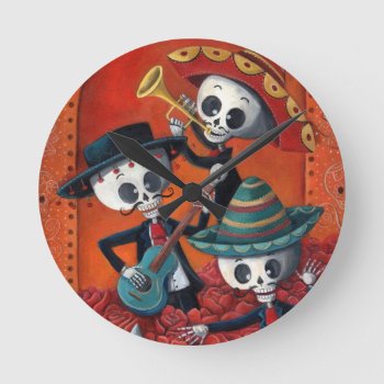 Dia De Los Muertos Skeleton Mariachi Trio Round Clock by colonelle at Zazzle