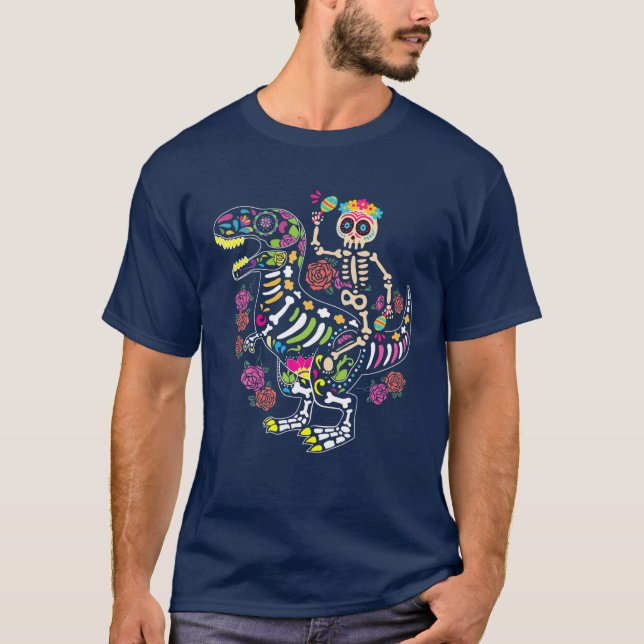 Dia De Los Muertos Skeleton Riding Dinosaur Boys M T-Shirt (Front)