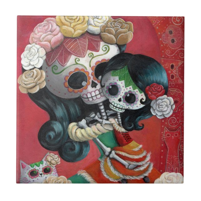 Dia de Los Muertos Skeletons Mother and Daughter Ceramic Tile (Front)