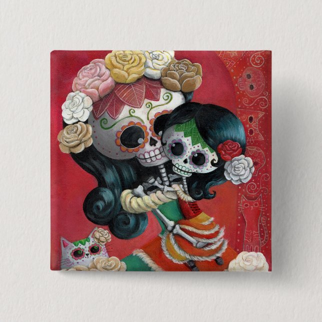 Dia de Los Muertos Skeletons Mother and Daughter Pinback Button (Front)