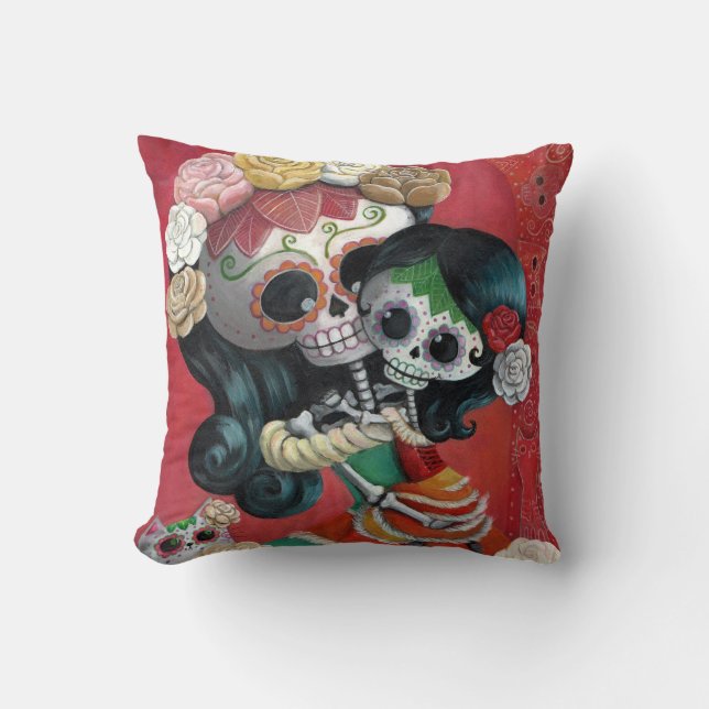 Dia de Los Muertos Skeletons Mother and Daughter Throw Pillow (Front)