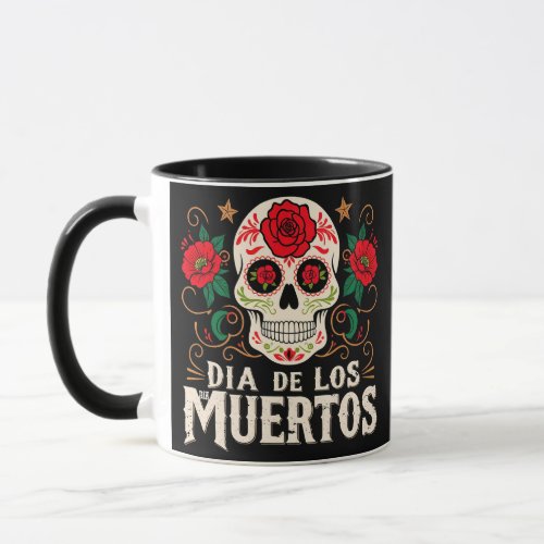 Dia de los muertos skull and flowers mug