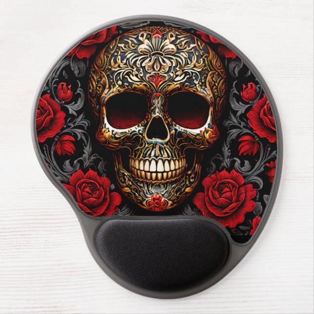 Dia de los Muertos Skull and Red Roses Gel Mouse Pad (Front)