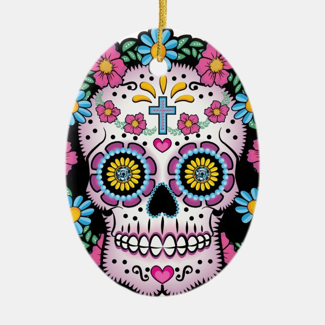 Dia de los Muertos Skull Ceramic Ornament (Front)