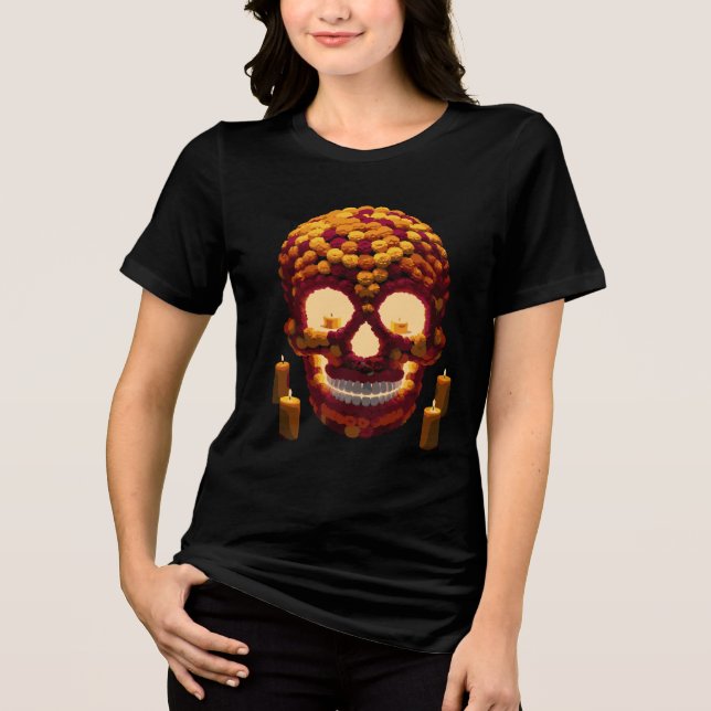 Dia de los Muertos Skull Made of Marigold Flowers  Tri-Blend Shirt (Front)