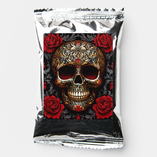 Dia de los Muertos Skull with Red Roses Coffee Drink Mix (Front)