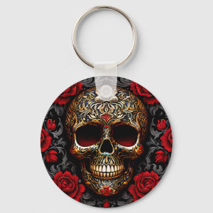 Dia de los Muertos Skull with Red Roses Keychain