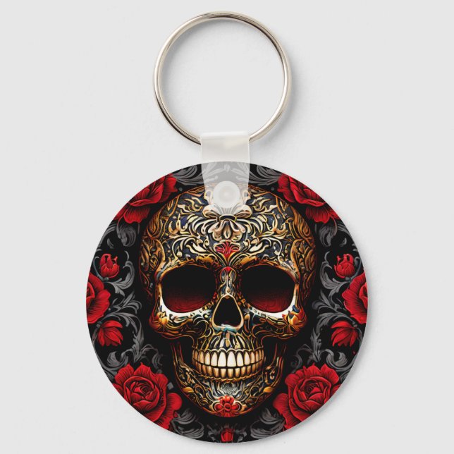 Dia de los Muertos Skull with Red Roses Keychain (Front)