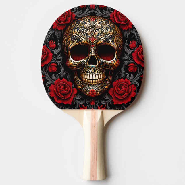 Dia de los Muertos Skull with Red Roses Ping Pong Paddle (Front)