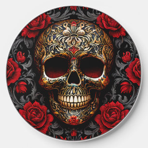 Dia de los Muertos Skull with Red Roses Wireless Charger
