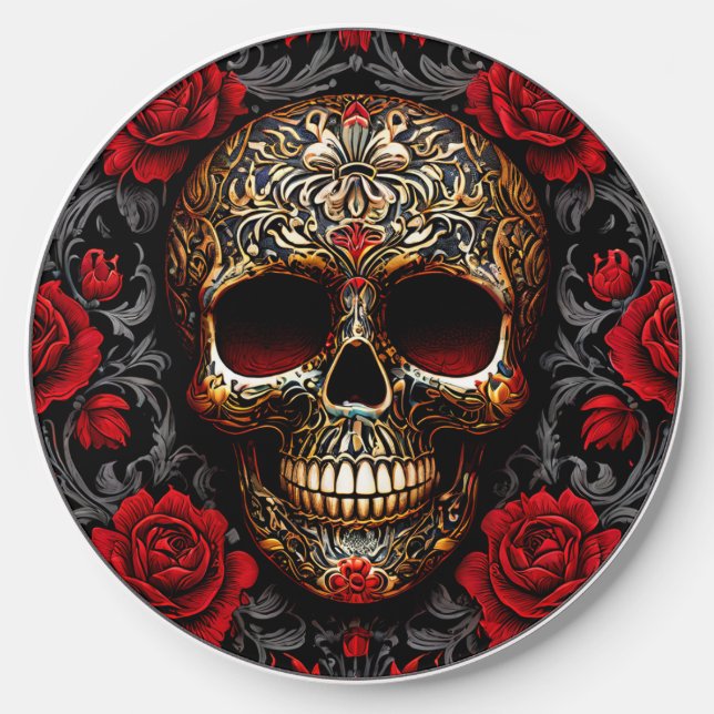 Dia de los Muertos Skull with Red Roses Wireless Charger (Front)
