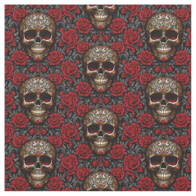 Dia de los Muertos Skulls and Roses Fabric (Close Up)