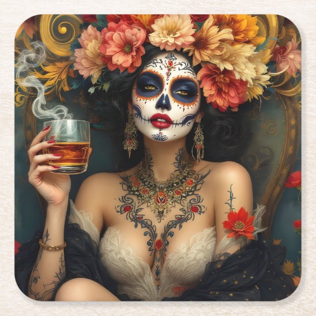 Dia De Los Muertos Square Paper Coaster (Front)
