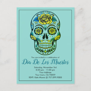 Dia De Los Muertos Sugar Skull And Flowers On Blue Invitation Postcard