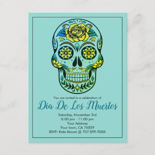 Dia De Los Muertos Sugar Skull And Flowers On Blue Invitation Postcard