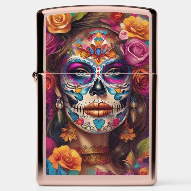 Dia de los Muertos Sugar Skull Beauty Zippo Lighter (Front)