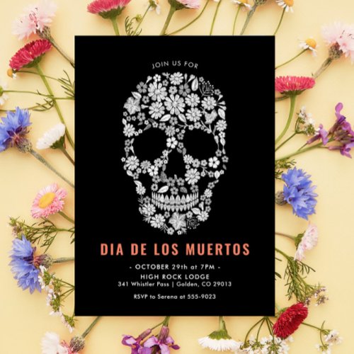 Dia de los Muertos Sugar Skull Black Floral Invitation