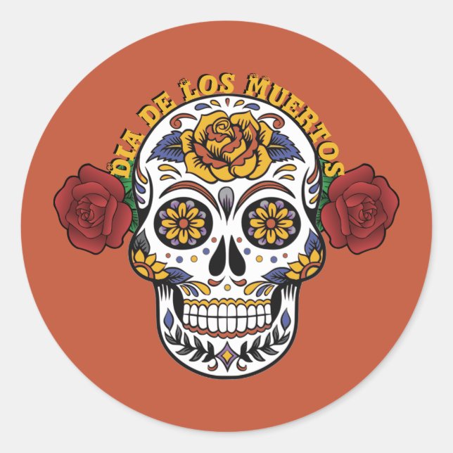 Dia de los Muertos Sugar Skull Classic Round Stick Sticker (Front)