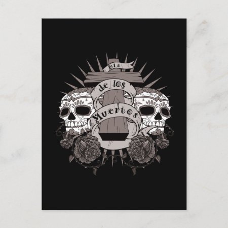 Dia De Los Muertos Sugar Skull Cross Roses Postcard