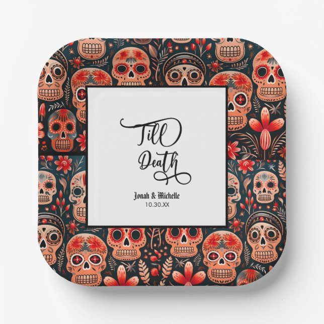 Dia De Los Muertos Sugar Skull engagement party Paper Plates (Front)