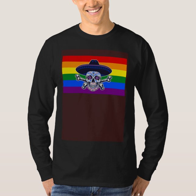 Dia De Los Muertos Sugar Skull Gay Pride Flag Mexi T-Shirt (Front)