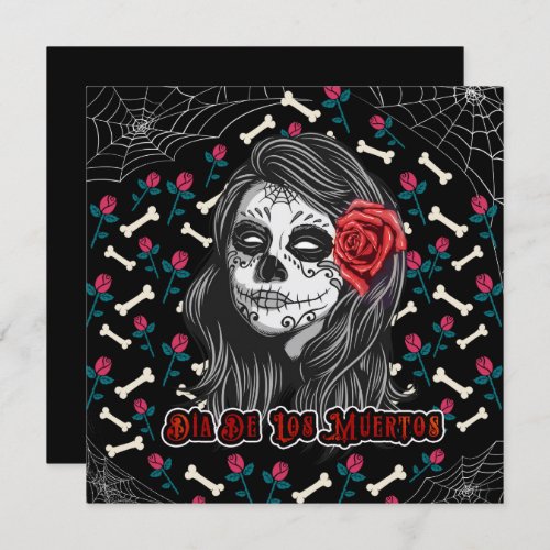 DIA DE LOS MUERTOS SUGAR SKULL GIRL  RED ROSES INVITATION