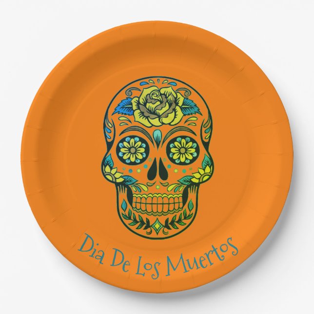 Dia De Los Muertos Sugar Skull Party Orange Paper Plates (Front)