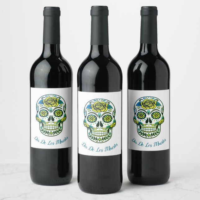 Dia De Los Muertos Sugar Skull Party White Wine Label (Bottles)
