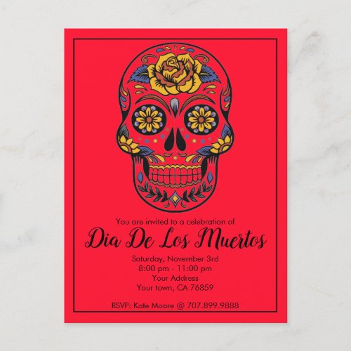 Dia De Los Muertos Sugar Skull Red Party Invitation Postcard