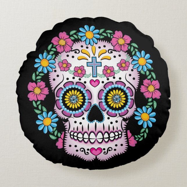 Dia de los Muertos Sugar Skull Round Pillow (Front)