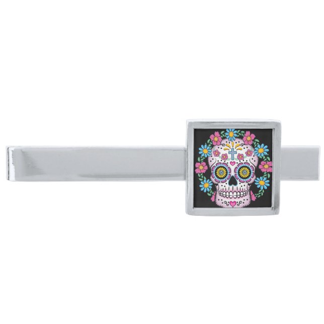 Dia de los Muertos Sugar Skull Silver Finish Tie Clip (Front)