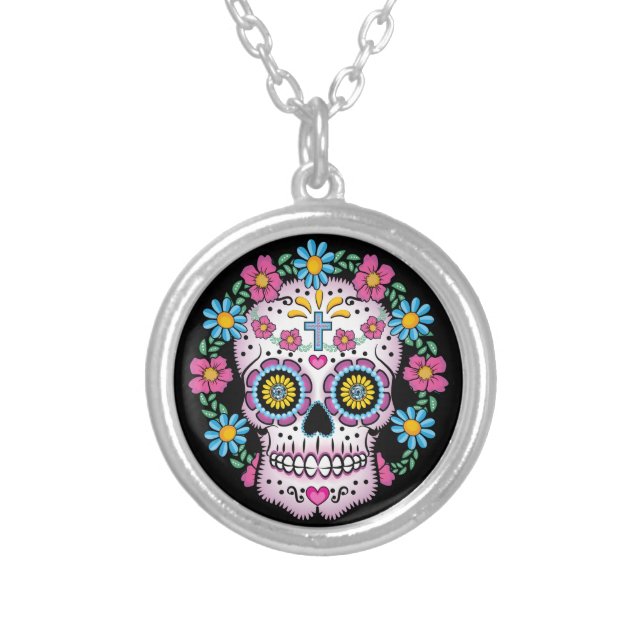 Dia de los Muertos Sugar Skull Silver Plated Necklace (Front)