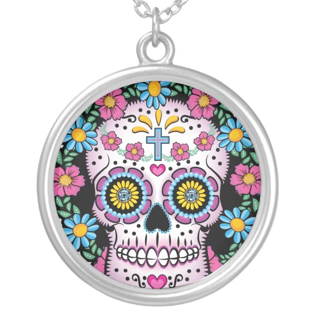 Dia de los Muertos Sugar Skull Silver Plated Necklace (Front)