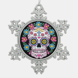 Dia de los Muertos Sugar Skull Snowflake Pewter Christmas Ornament