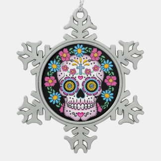 Dia de los Muertos Sugar Skull Snowflake Pewter Christmas Ornament