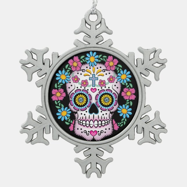 Dia de los Muertos Sugar Skull Snowflake Pewter Christmas Ornament (Front)