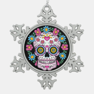 Dia de los Muertos Sugar Skull Snowflake Pewter Christmas Ornament