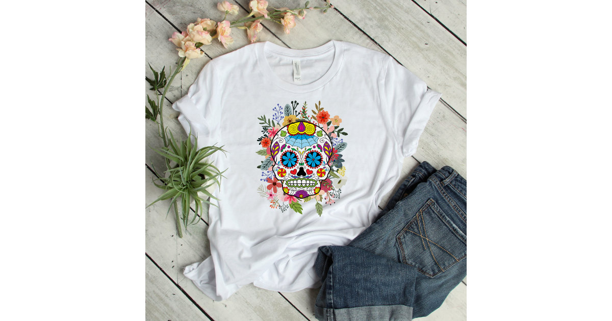 Womens Sugar Skull Day Of The Dead Dia De Los Muertos Mexican Art V-Neck  T-Shirt