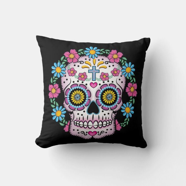 Dia de los Muertos Sugar Skull Throw Pillow (Front)