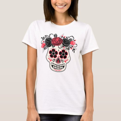 Dia de los Muertos Sugar Skull with Black Roses T_Shirt