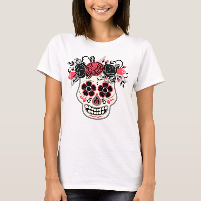 Dia de los Muertos Sugar Skull with Black Roses T-Shirt (Front)