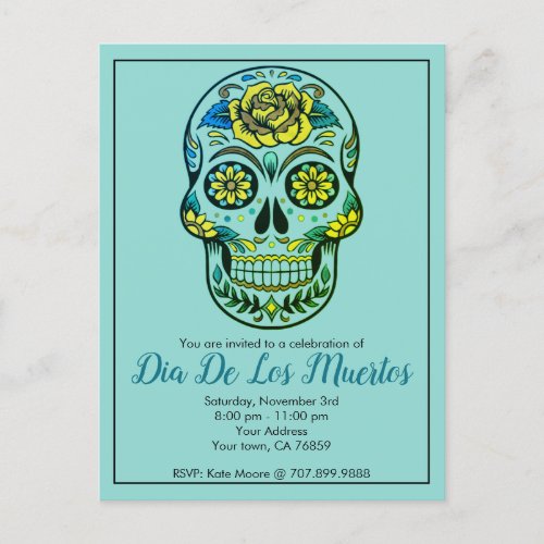 Dia De Los Muertos Sugar Skull With Flowers Blue Invitation Postcard