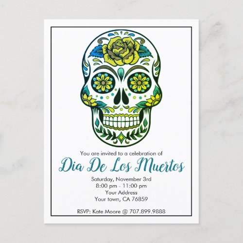 Dia De Los Muertos Sugar Skull With Flowers Invitation Postcard